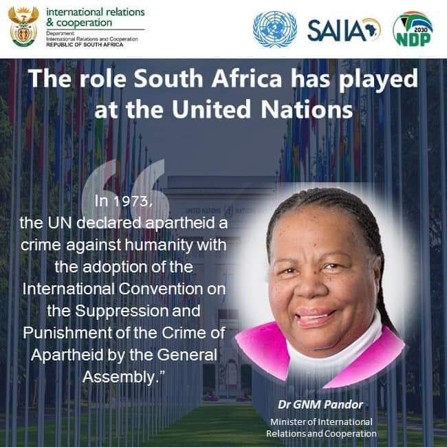 MINISTER NALEDI PANDOR ADDRESSED THE WEBINAR ON SOUTH AFRICA' S ROLE AT THE UNITED NATIONS