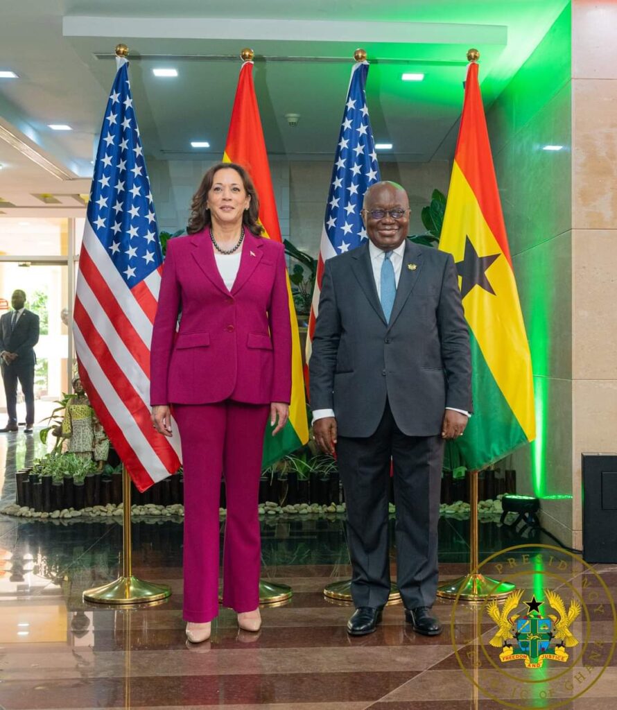 Ghanaian President Nana Akufo-Addo, welcomes the US Vice President, the Hon. Kamala Harris